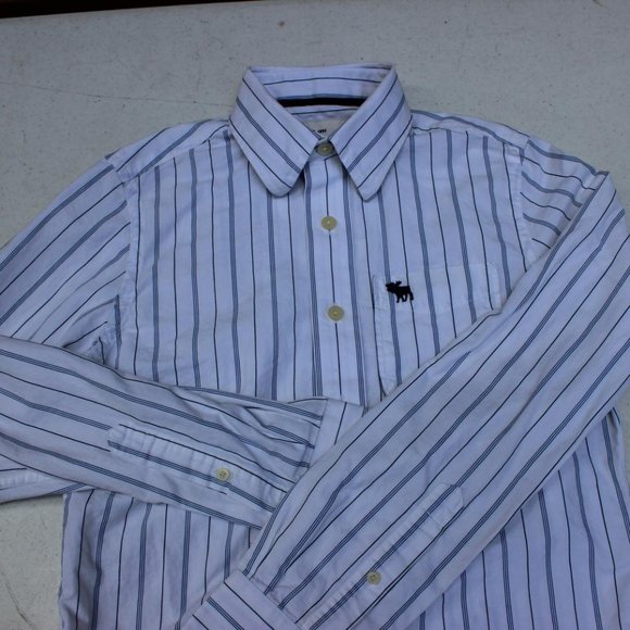ABERCROMBIE YOUTH BOYS DRESS SHIRT WHITE BLUE PINSTRIPE SIZE MEDIUM BUTTON CUFFS - Picture 1 of 6